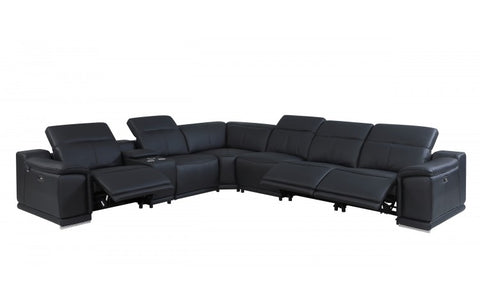 9762 DivanItalia Black 7-Piece Sectional with 3 Power Recliners and 1 Console – Top Grain Italian LeatherModel:  9762-BLACK-3PWR-7PC