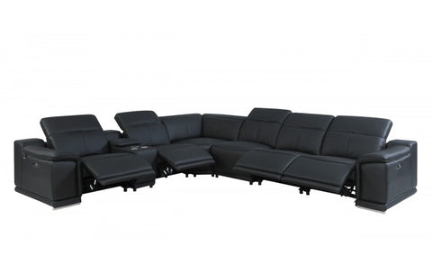 9762 DivanItalia Black 7-Piece Sectional with 4 Power Recliners and 1 Console – Top Grain Italian LeatherModel:  9762-BLACK-4PWR-7PC