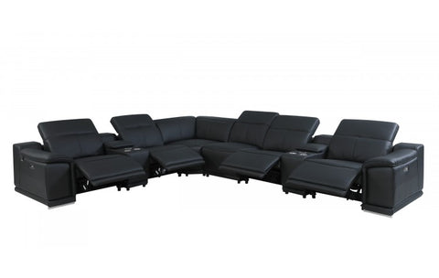 9762 DivanItalia Black 8-Piece Sectional – Top Grain Italian Leather with 4 Power Recliners and 2 ConsolesModel:  9762-BLACK-4PWR-8PC