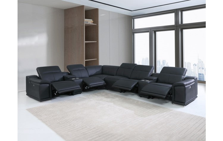 9762 DivanItalia Black 8-Piece Sectional – Top Grain Italian Leather with 4 Power Recliners and 2 ConsolesModel:  9762-BLACK-4PWR-8PC