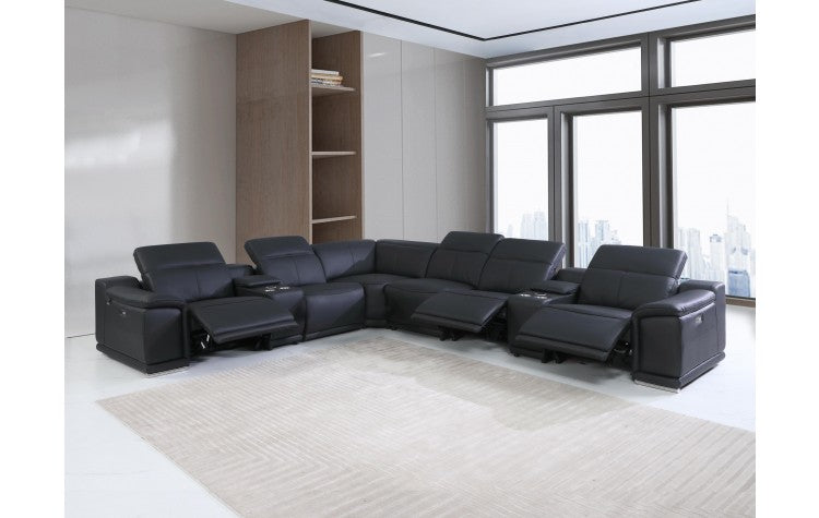 9762 DivanItalia Black 8-Piece Sectional – Top Grain Italian Leather with 3 Power Recliners and 2 ConsolesModel:  9762-BLACK-3PWR-8PC