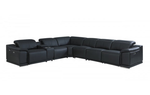 9762 DivanItalia Black 7-Piece Sectional with 4 Power Recliners and 1 Console – Top Grain Italian LeatherModel:  9762-BLACK-4PWR-7PC