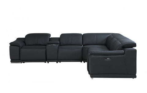 9762 DivanItalia Black 6-Piece Sectional with 3 Power Recliners and 1 Console – Top Grain Italian LeatherModel:  9762-BLACK-3PWR-6PC