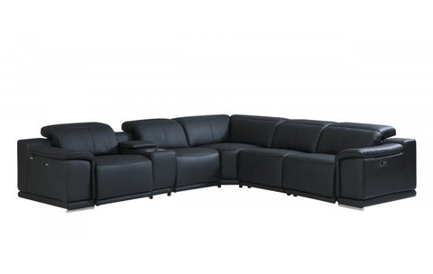 9762 DivanItalia Black 6-Piece Sectional with 3 Power Recliners and 1 Console – Top Grain Italian LeatherModel:  9762-BLACK-3PWR-6PC