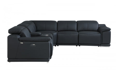 9762 DivanItalia Black 6-Piece Sectional with 3 Power Recliners and 1 Console – Top Grain Italian LeatherModel:  9762-BLACK-3PWR-6PC