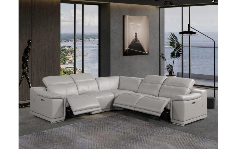 9762 DivanItalia Light Gray 5-Piece Sectional with 3 Power Recliners and 1 Console – Top Grain Italian LeatherModel:  9762-LT_GRAY-3PWR-5PC