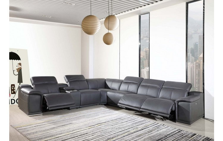 9762 DivanItalia Dark Gray 7-Piece Sectional with 3 Power Recliners and 1 Console – Top Grain Italian LeatherModel:  9762-GRAY-3PWR-7PC