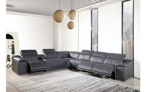 9762 DivanItalia Dark Gray 7-Piece Sectional with 3 Power Recliners and 1 Console – Top Grain Italian LeatherModel:  9762-GRAY-3PWR-7PC