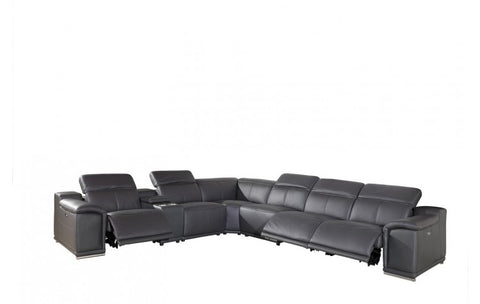 9762 DivanItalia Dark Gray 7-Piece Sectional with 3 Power Recliners and 1 Console – Top Grain Italian LeatherModel:  9762-GRAY-3PWR-7PC