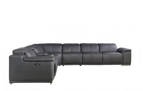 9762 DivanItalia Dark Gray 7-Piece Sectional with 3 Power Recliners and 1 Console – Top Grain Italian LeatherModel:  9762-GRAY-3PWR-7PC