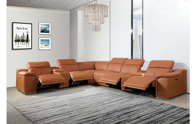 9762 DivanItalia Camel 8-Piece Sectional – Top Grain Italian Leather with 3 Power Recliners and 2 ConsolesModel:  9762-CAMEL-4PWR-8PC
