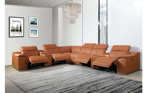 9762 DivanItalia Camel 8-Piece Sectional – Top Grain Italian Leather with 3 Power Recliners and 2 ConsolesModel:  9762-CAMEL-4PWR-8PC