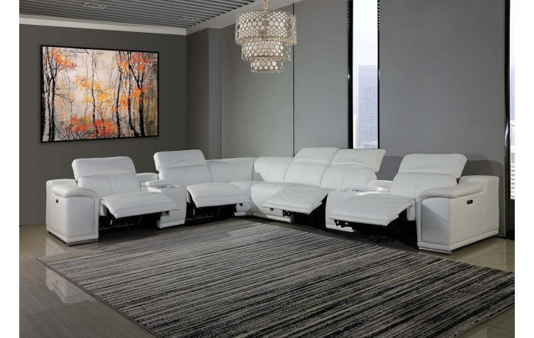 9762 DivanItalia White 8-Piece Sectional – Top Grain Italian Leather with 3 Power Recliners and 2 ConsolesModel:  9762-WHITE-4PWR-8PC