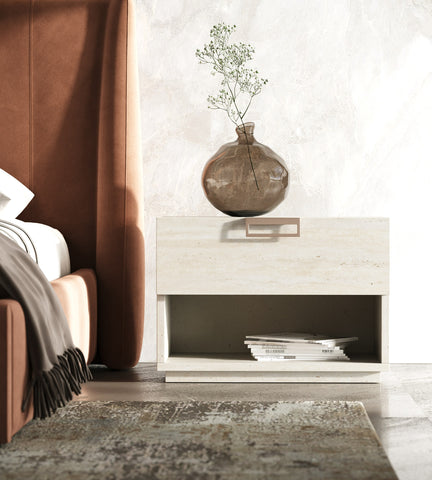 Lamod Roma & Lago Modern Burnt Orange Velvet & Faux Travertine 4 Piece Bedroom Set Model VGAC-ROMALAGO-4PC-SET