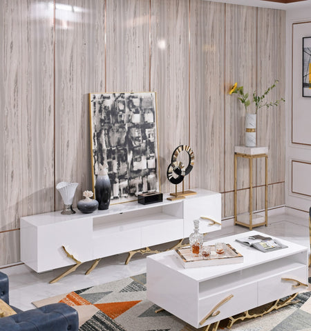 Modrest Legend 87" Wide Modern White Gold Tv Stand Model VGVC-TV8111-L