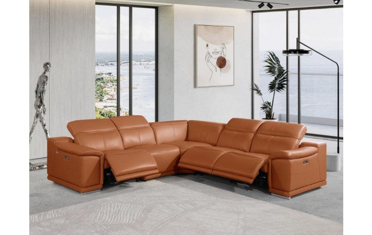 9762 DivanItalia Camel 5-Piece Sectional with 3 Power Recliners and 1 Console – Top Grain Italian LeatherModel:  9762-CAMEL-3PWR-5PC