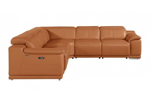 9762 DivanItalia Camel 5-Piece Sectional with 3 Power Recliners and 1 Console – Top Grain Italian LeatherModel:  9762-CAMEL-3PWR-5PC