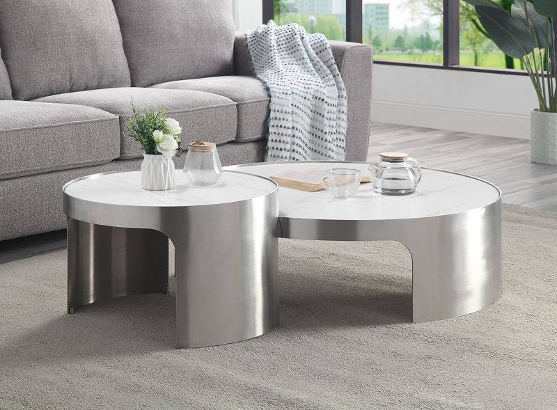 Abilene Marble & Brush Silver Finish Coffee Table Model LV00223 By ACME Furniture