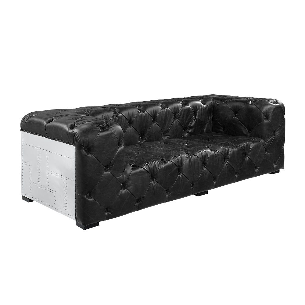ACME Brancaster Antique Slate Black Top Grain Leather & Aluminum Finish Brancaster Loveseat  Model LV02285