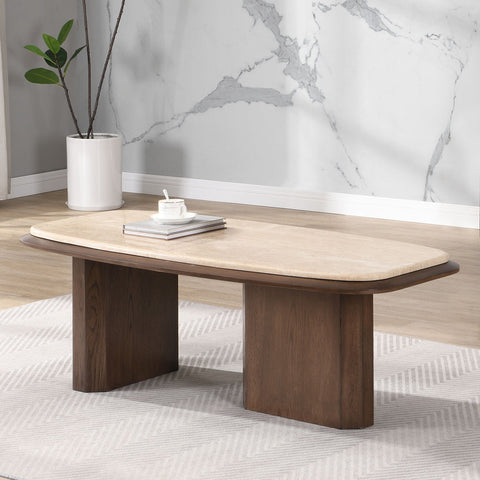 ACME Kasha Travertine Top Walnut Coffee Table Model LV03325