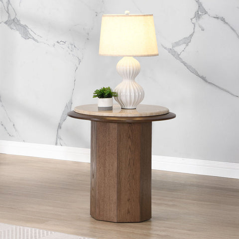 ACME Kasha Travertine Top Walnut End Table Model LV03326