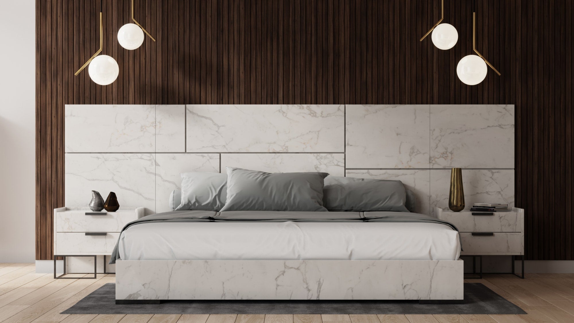 Nova Domus Marbella Italian Modern White Marble Bed With 2 Nightstands Model VGACMARBELLA-BED