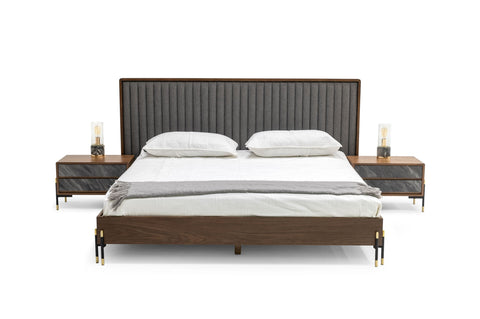 Nova Domus Metcalf Mid Century Walnut & Grey Bed With Two Nightstands Model VGMABR-120-BRN-BED