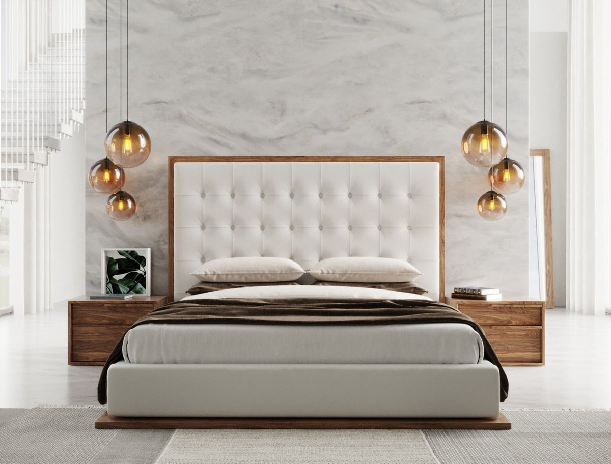 Modrest Amberlie Eastern King White Vegan Leather & Walnut Bed Model VGMABR-96-WAL-BED-EK