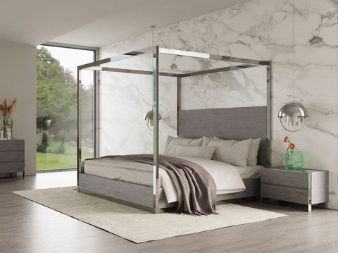 Modrest Arlene Modern Grey Elm & Stainless Steel Canopy Bed Model VGVCBD008A