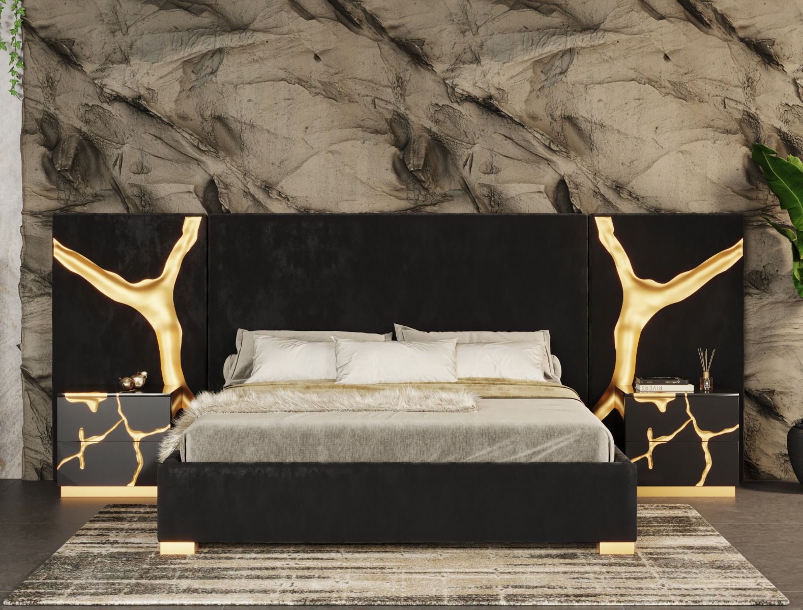 Modrest Aspen Queen Glam Black Velvet & Gold Bed Model VGVCBD1801-BLK-BED-q