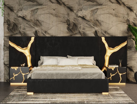 Modrest Aspen Queen Glam Black Velvet & Gold Bed Model VGVCBD1801-BLK-BED-q