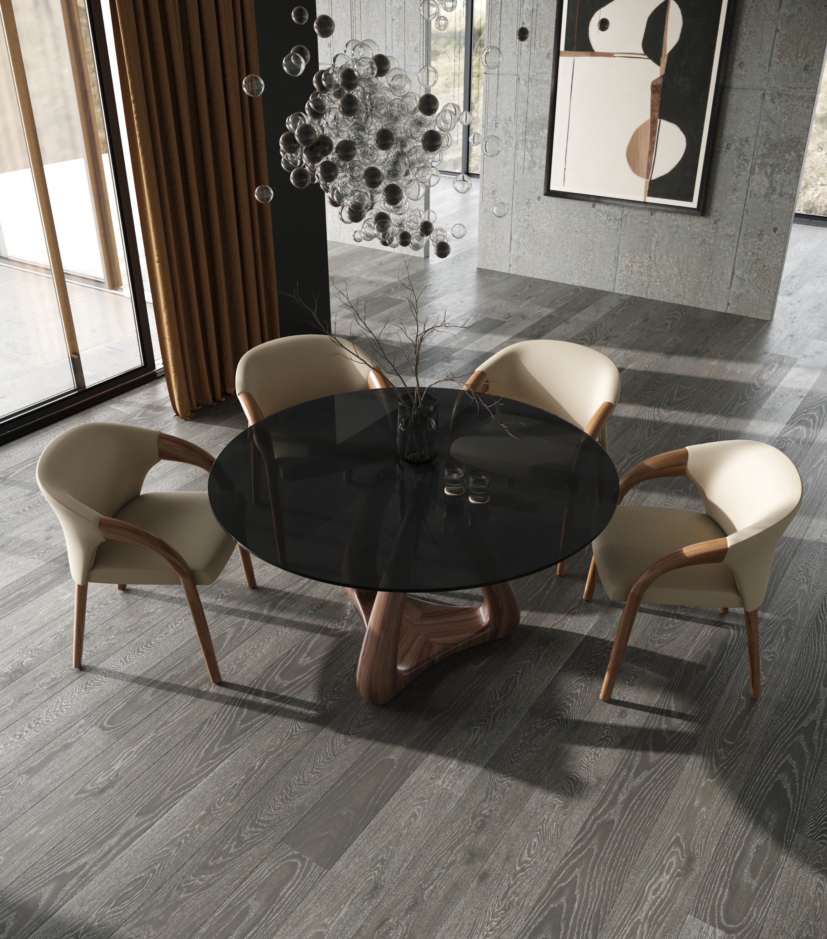 Modrest Christy - Mid-Century Modern Grey Glass + Walnut Round Dining Table