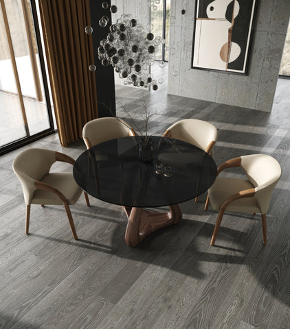 Modrest Christy - Mid-Century Modern Grey Glass + Walnut Round Dining Table