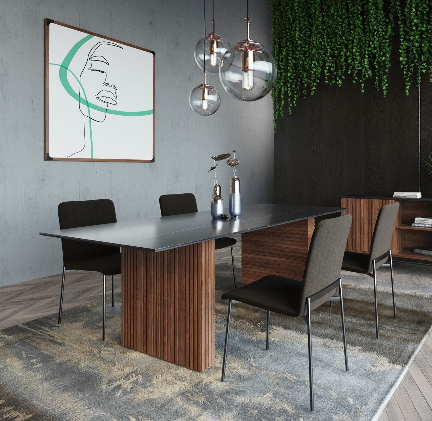 Modrest Maggie - Modern Walnut and Black Ceramic Top Dining Table
