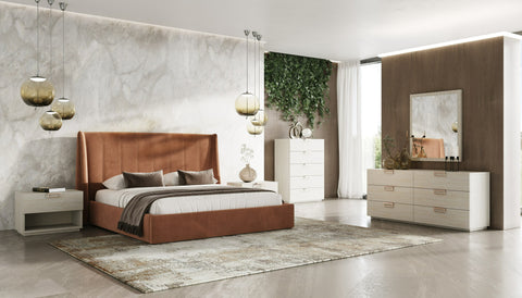 Lamod Roma & Lago Modern Burnt Orange Velvet & Faux Travertine Bed With Nightstands Set Model VGAC-ROMALAGO-3PC-SET