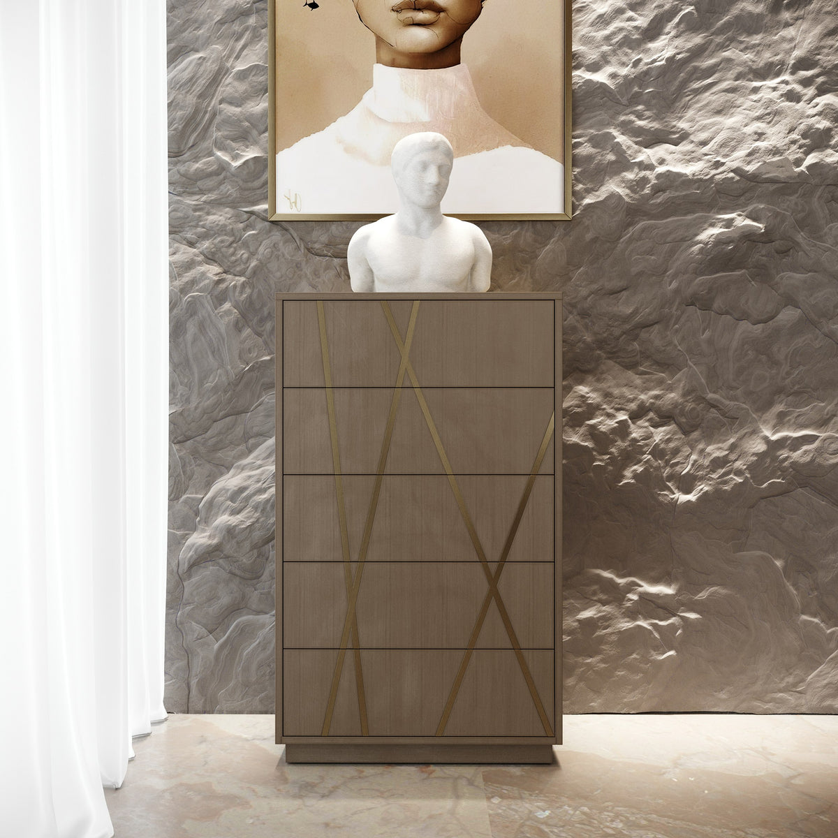 Modrest Nixa Modern Wide Birch & Brushed Bronze Chest Model VGVC-J1909-5H-L-BIR