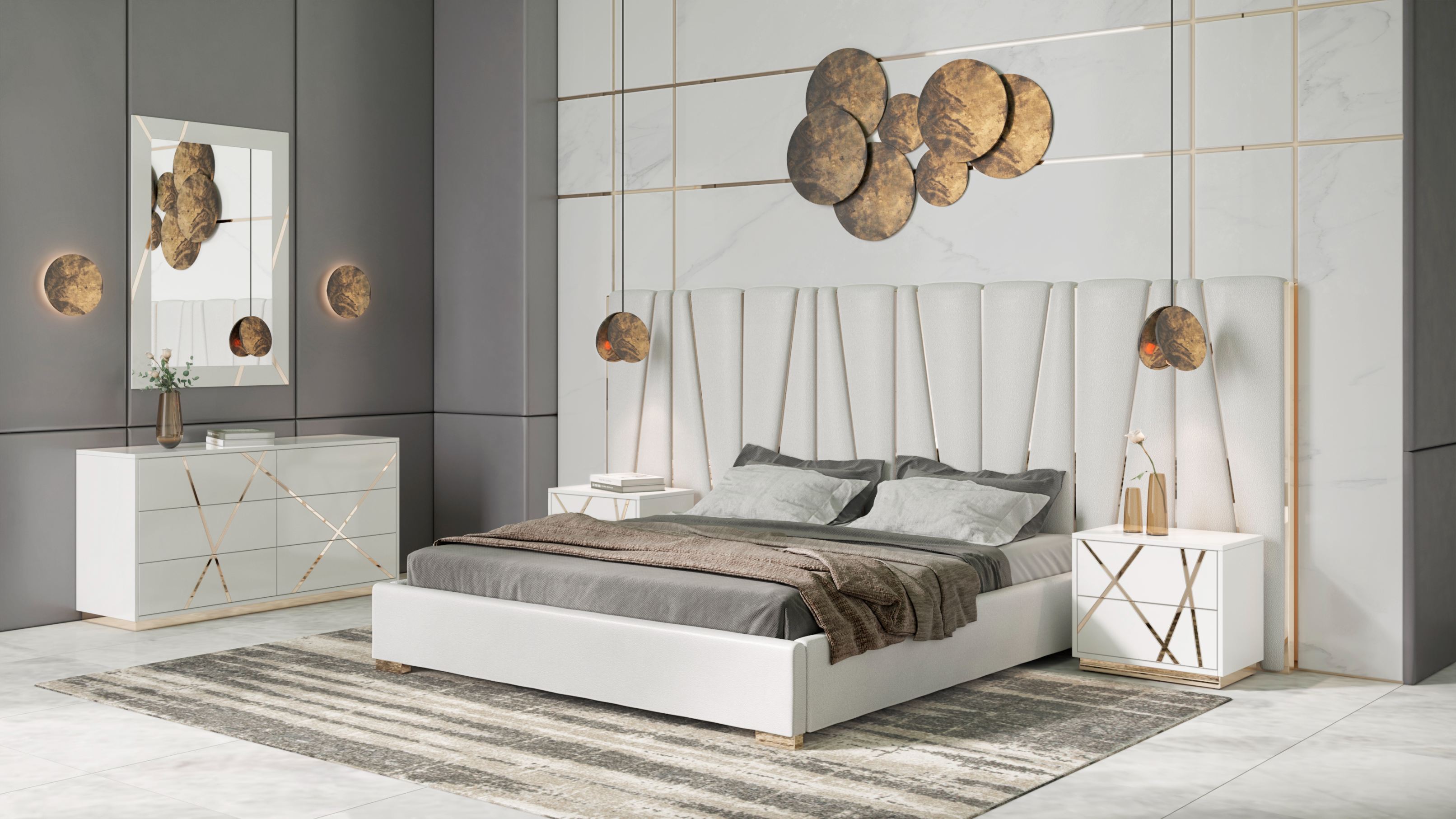 Eastern King Modrest Nixa Modern White & Gold Bedroom Set Model VGVC-BD1909-SET-WHT-EK