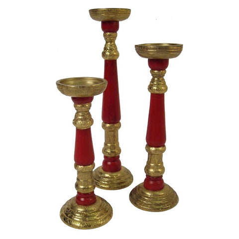 Red/ Brass Metal Candle Holder Set Of 3