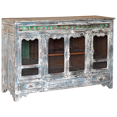 Wooden Old World Distressed Painted Finish Glass Old Sideboard