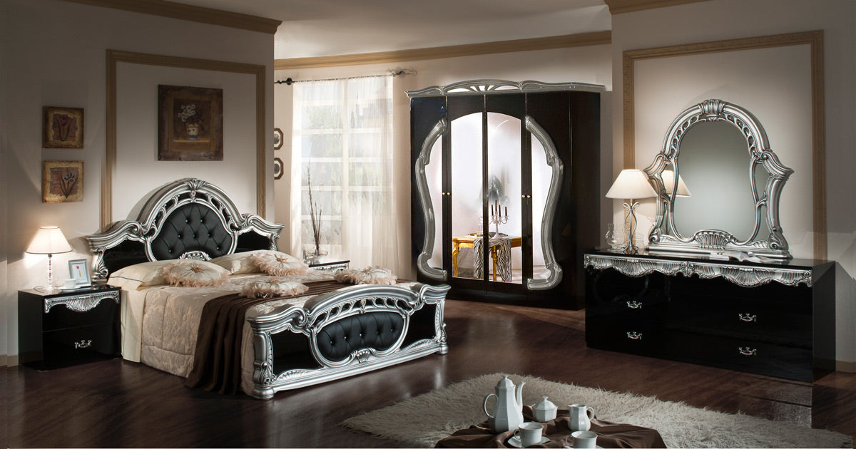 Modrest Rococo Italian Classic Black & Silver Bedroom Set Model VGACROCOCO-BLK