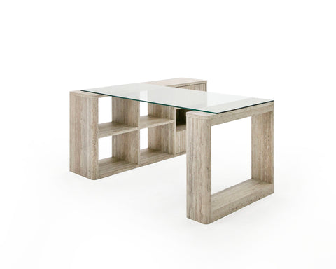 Nova Domus Roma Modern Glass & Faux Travertine Reversible Desk Model VGAN-ROMA-DESK