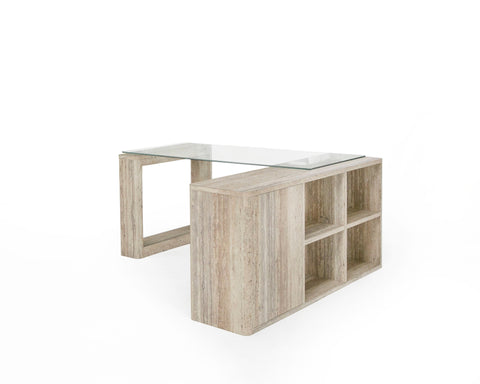 Nova Domus Roma Modern Glass & Faux Travertine Reversible Desk Model VGAN-ROMA-DESK