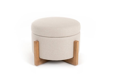 Modrest Sada Mid Century Modern Beige Linen & Chestnut Round Ottoman Model VGRH-RHS-OZHT03