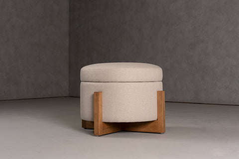 Modrest Sada Mid Century Modern Beige Linen & Chestnut Round Ottoman Model VGRH-RHS-OZHT03
