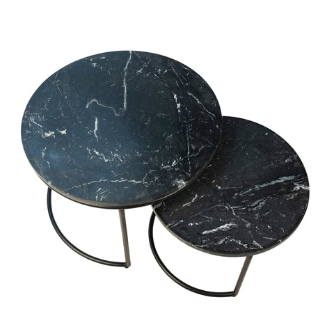 Roces Black Marble Finish and Black Metal Base Nesting Tables