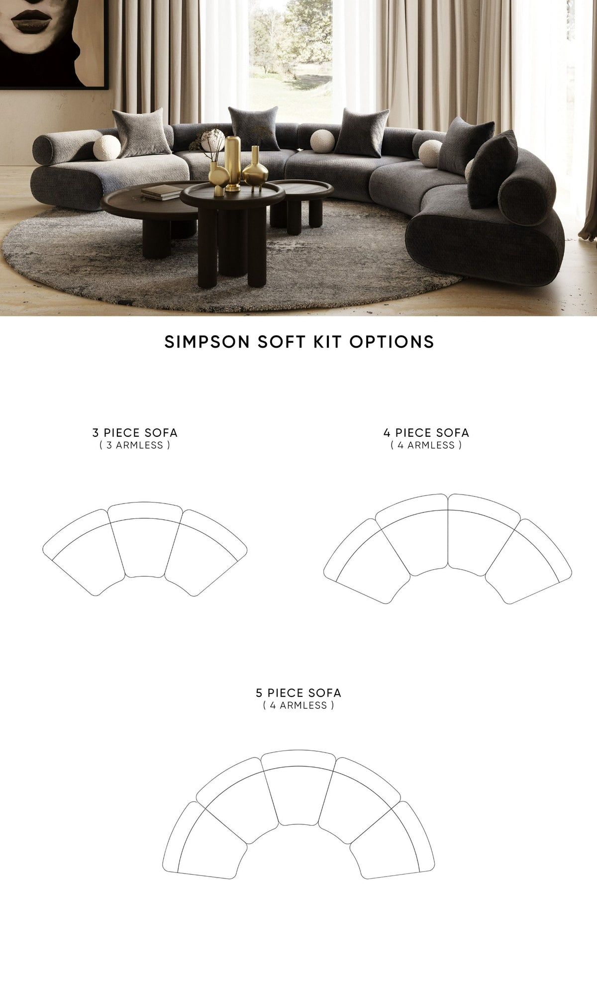 Divani Casa Simpson Contemporary Dark Grey Fabric Curved Modular Sectional Sofa Model VGOD-ZW-23018-GRY-MOD