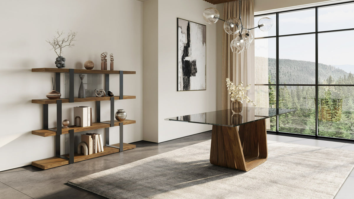 Modrest Solvang Contemporary Grey Glass & Walnut Rectangular Dining Table Model VGBB-MI1312