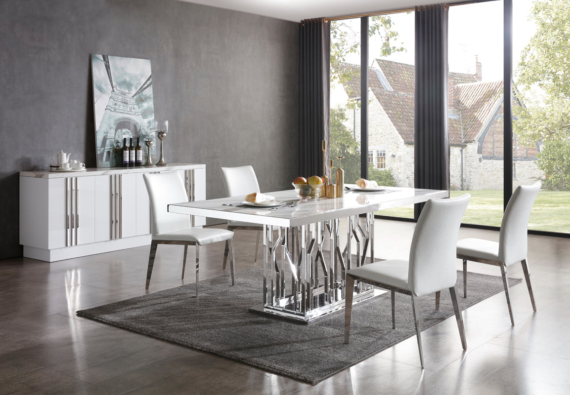 Modrest Marston Modern White Marble & Stainless Steel Dining Table Model VGVCT8919-M-STL