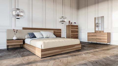 Nova Domus Matteo Italian Modern Walnut & Fabric Bed & 2 Nightstands & Dresser Set Model VGACMATTEO-BEDNSD-SET