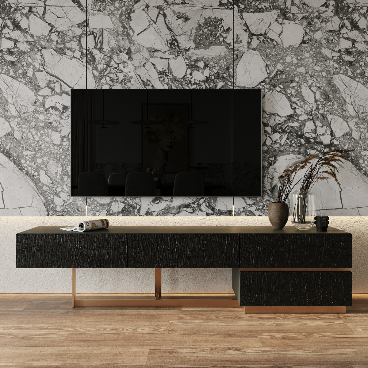 Modrest Tasha Modern Black Ash & Brushed Gold Tv Stand Model VGVCTV2308